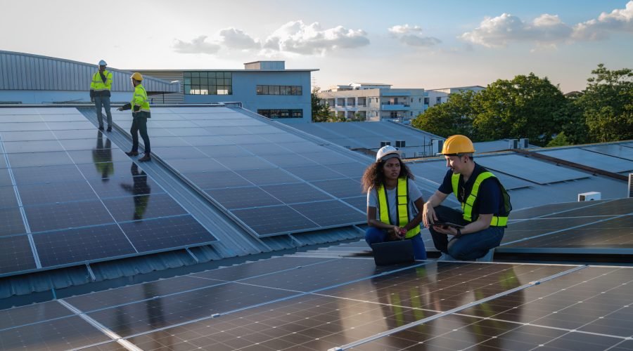 Engineer service check installation solar cell on the roof of factory. Engineers walking on roof inspect and check solar cell panel. Engineer working inspection installation solar cell on the roof